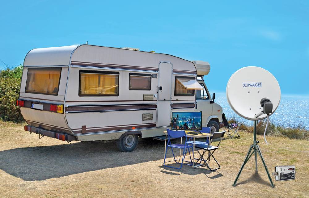Schwaiger Camping Satellitenanlage Weiß Stahl 42 cm mit Fernseher Exklusivangebot