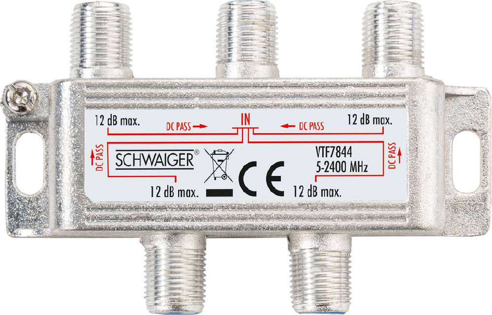 Schwaiger Verteiler 4-fach für SAT-, Antennen- und Kabelanlagen 12 dB
