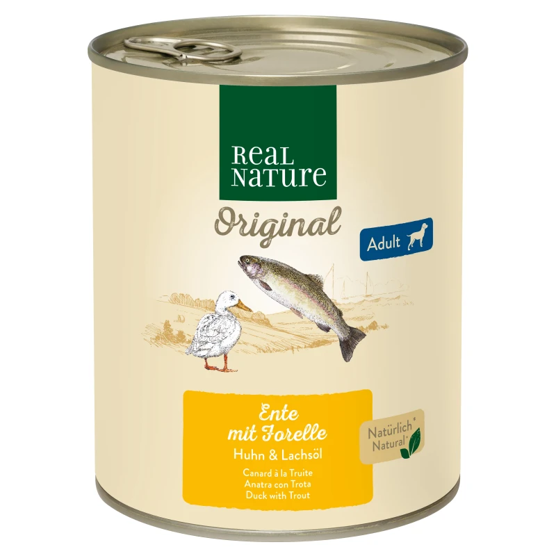 fressnapf REAL NATURE Original Nassfutter für Hunde Adult Ente mit Forelle 6x800 g