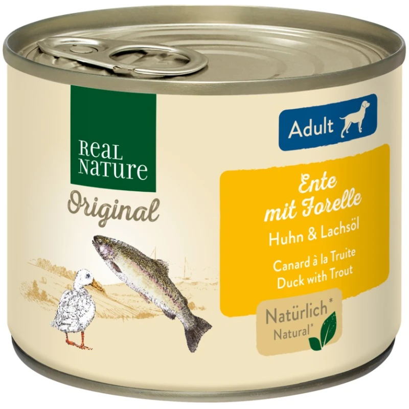 fressnapf REAL NATURE Original Nassfutter für Hunde Adult Ente mit Forelle 6x200 g
