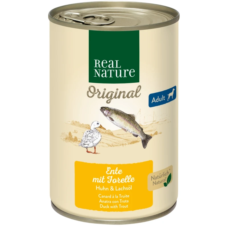 fressnapf REAL NATURE Original Nassfutter für Hunde Adult Ente mit Forelle 6x400 g