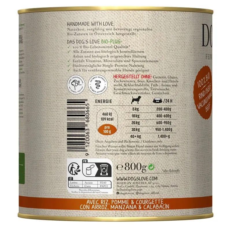 fressnapf DOG'S LOVE BIO 6x800g Rind mit Reis Apfel & Zucchini Bis zu 55% Rabatt