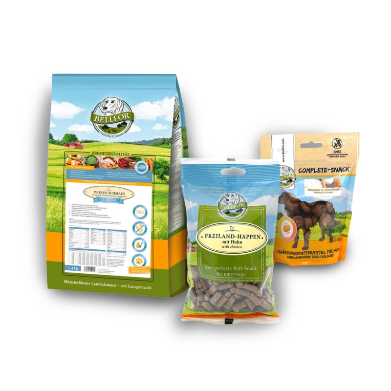 fressnapf Bellfor Welpenfutter Set für große Rassen - Wiesen-Schmaus Junior 4 kg + Freiland-Happen 200g + Gelenke & Knochen Complete-Snack 150g Sonderangebot