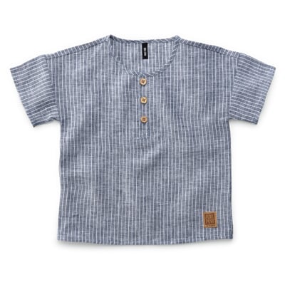 manufactum Kinder-T-Shirt Leinen gestreift Blaumelange Letzter Tag