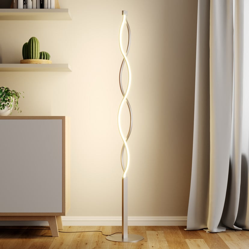 lampenwelt Lindby LED-Stehlampe Auron nickelfarben Metall Tastdimmer